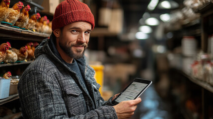 Man in a red beanie uses a tablet while looking at the camera.