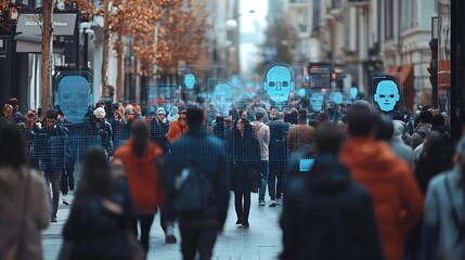 CCTV AI Facial Recognition Camera Zoom in Recognizes Person Elevated Security Camera Surveillance Footage Face Scanning of a Crowd of People Walking on Busy Urban City Streets Big Data : Generative AI