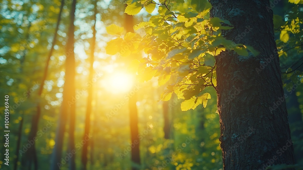 Poster Spring Sun Shining Through Canopy Of Tall Trees Woods Sunlight In Forest Summer Nature Upper Branches Of Trees Background Nobody Environment concept : Generative AI