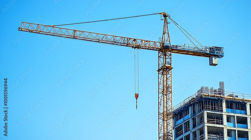 Poster a crane and a building under construction against a blue sky background builders work on large const