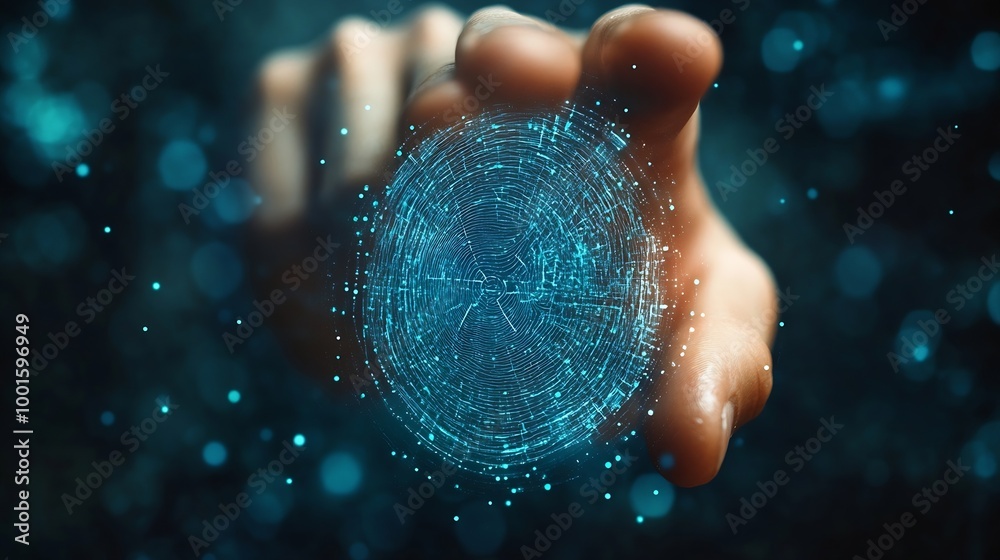Poster KYC Know your customer concept Biometrics security Person holding identity verification symbol for Increase financial security and access personal financial data : Generative AI
