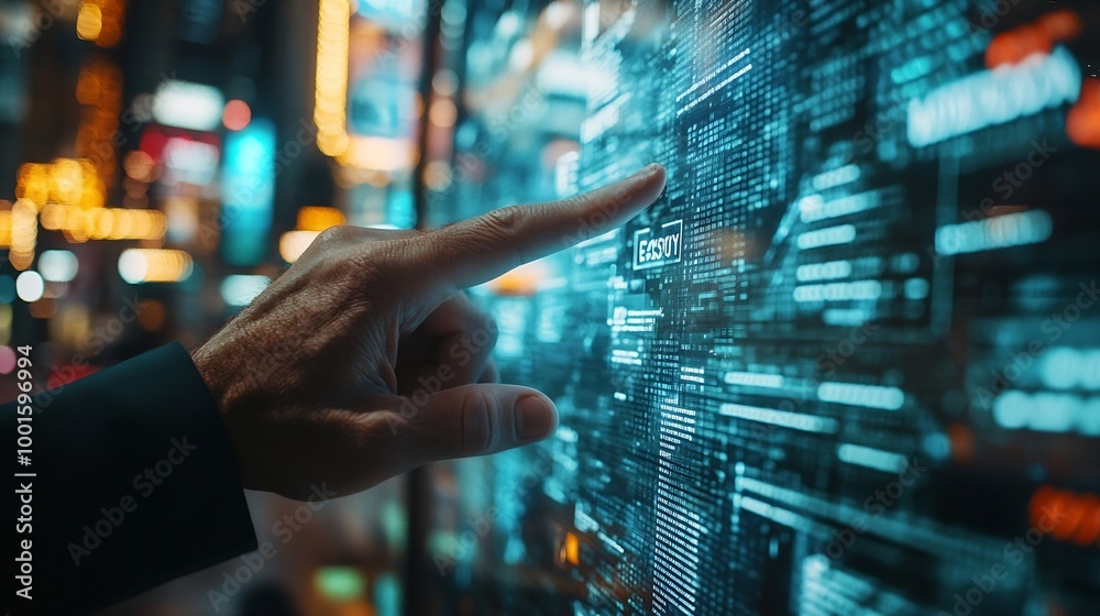 Poster Businessman using virtual touch screen presses inscription LEGACY SYSTEM Legacy Systems Business Technology Interoperability Upgrade concept : Generative AI