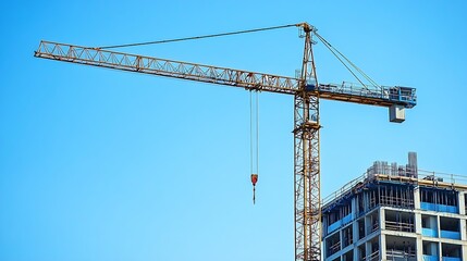 A crane and a building under construction against a blue sky background Builders work on large construction sites Building a house is not necessary for new highrise buildings : Generative AI