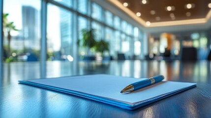 professional workspace with notepad and pen on table, perfect for corporate meeting preparation and business planning in a blue-toned office setting with copy space