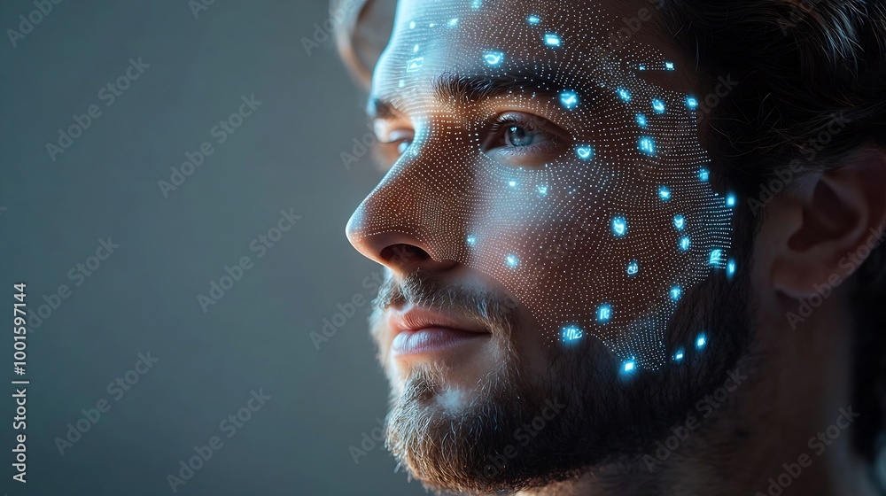 Aufkleber Facial recognition system Man with digital biometric grid and personal data on grey background : Generative AI