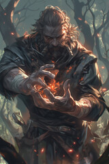 Fototapeta premium male barbarian conjuring fire magic in a mystical wooded area