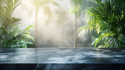 Empty black marble table and tropical plant behind textured glass panel Home interior showroom background  Luxury tabletop counter product placement montage : Generative AI