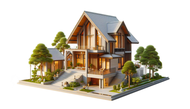 House surrounded by trees and grass on a transparent background