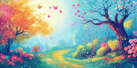 Whimsical Fairy Tale Landscape with Bright Colors