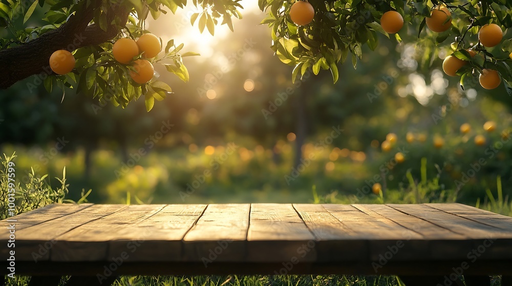 Poster tree table wood podium in farm display for food perfume and other products on nature background tabl