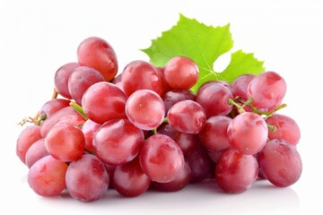Fototapeta premium Fresh red grapes intertwined with lush green leaves on a bright white background, perfect for design