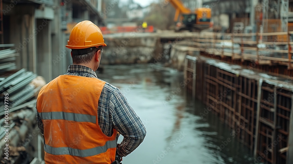 Poster construction engineer working on a bridge construction site over a rivercivil engineer supervising w