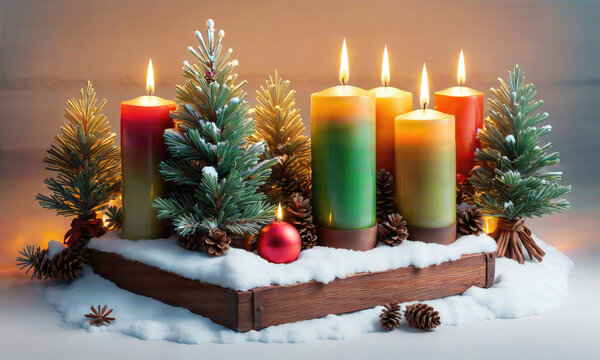 Five candles are lit on a wooden tray covered in fake snow, surrounded by small artificial pine trees and pine cones