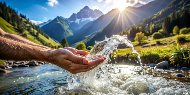 Primer plano de una cascada natural con agua fluyendo en manos de un hombre, refresco puro y saludable en un entorno natural al aire libre.