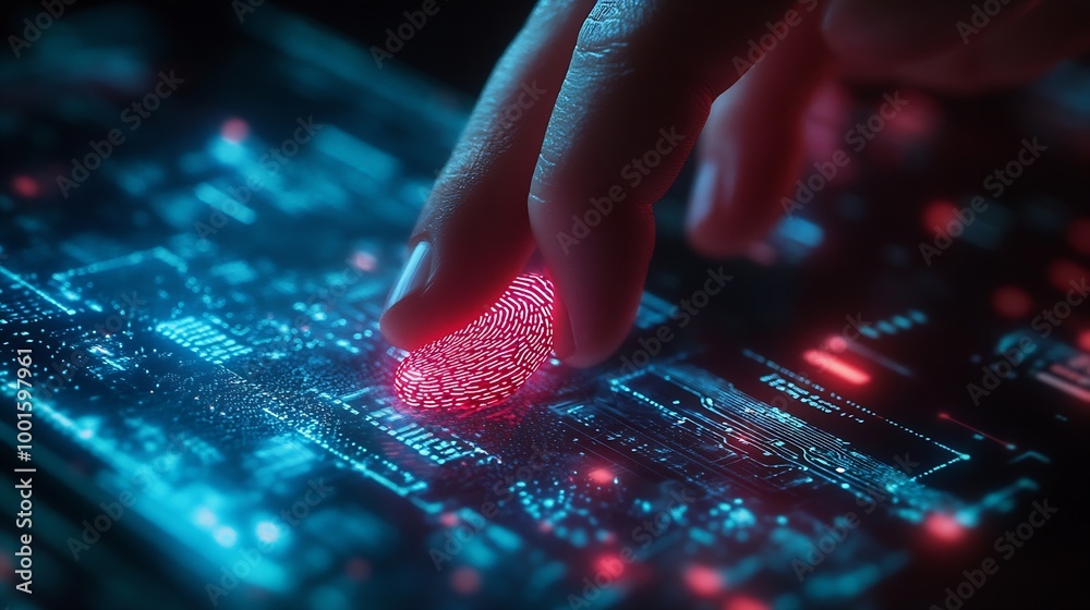 Fototapete Biometric security data encryption Businessman using fingerprint identity to access personal financial data network security for mobile app software development technology against cybe : Generative AI