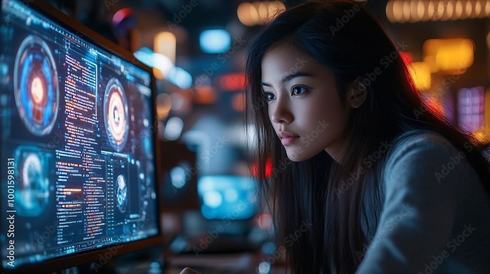 Poster Female Asian Game Programmer Coding On Desktop Computer In Game Development Studio Diverse Office Focused Woman Writes Lines Of Code Does AI Engineering For New Immersive 3D Survival V : Generative AI