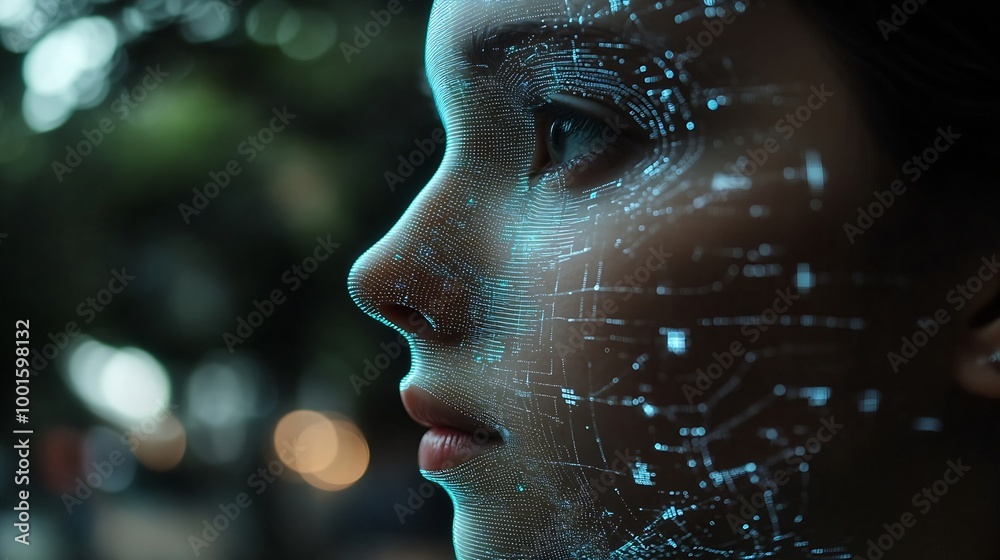 Leinwandbilder Deepfake  concept Facial tracking detection and recognition technology cyber security system concept : Generative AI