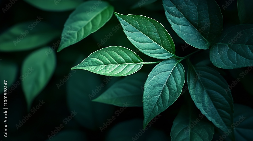 Aufkleber dark green natural background jasmine leaf closeup with clear texture and shadows : generative ai