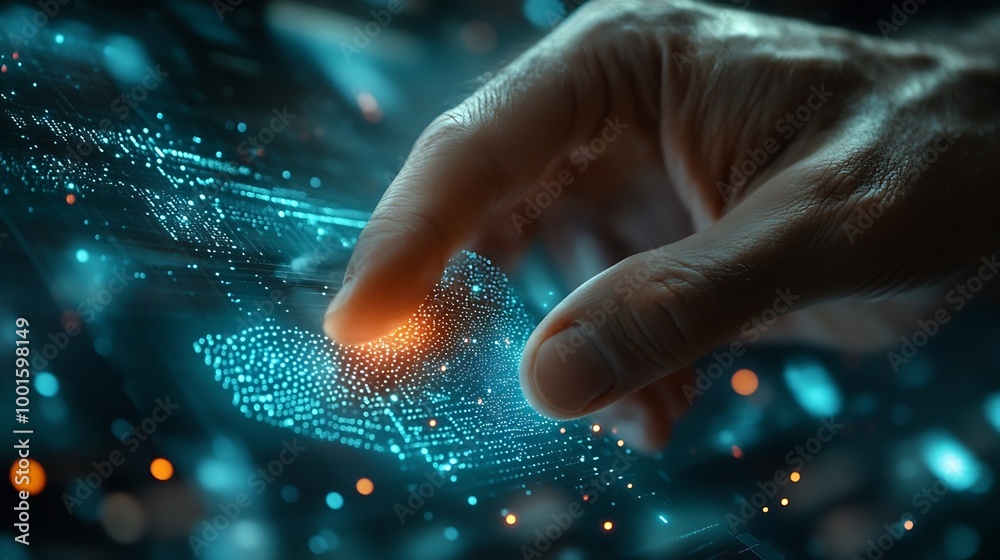 Aufkleber The man gains access to the personal information of the holograms with fingerprint identification Modern technologies cloud data storage : Generative AI