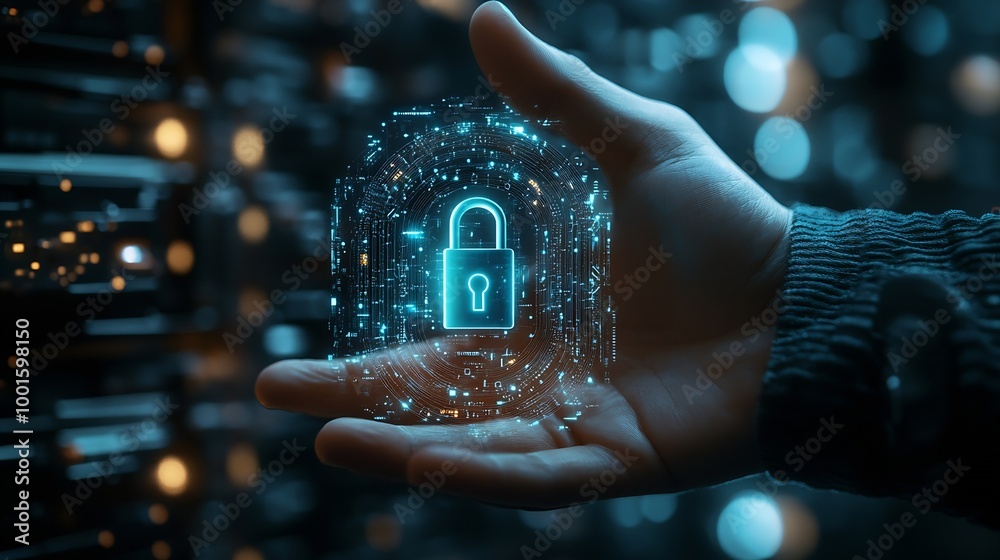 Poster Cyber security Hand hold digital padlock Login verified identity credentials on network of data protection technologyOnline internet authorized access against cyber attack and business : Generative AI