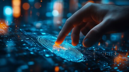 Close up of businessman hand pointing at abstract glowing id fingerprint web protection and security interface on blurry blue bokeh city background with mock up placeDouble exposure : Generative AI