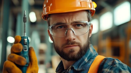 Construction worker holding electric screwdriver in hand at construction site Accessories for assembling install furniture repair home Man dressed in work attire and helmet and protect : Generative AI
