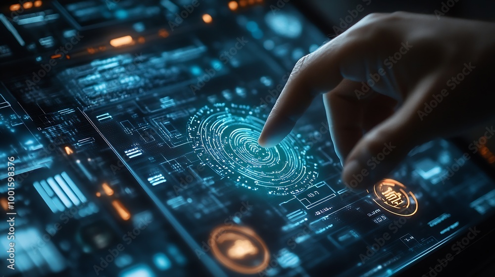 Poster Concept of cyber security digital technology business people use fingerprints to access personal cybersecurity keeping users personal information safe secure internet access : Generative AI