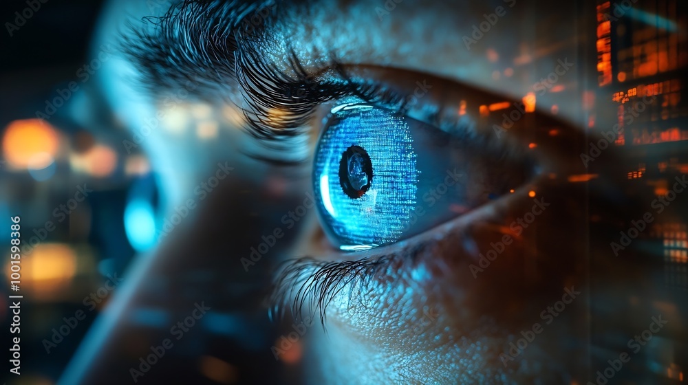 Poster Biometric security the hologram of online security Biometric security of eye voice finger and face A man using a laptop in a cafe : Generative AI