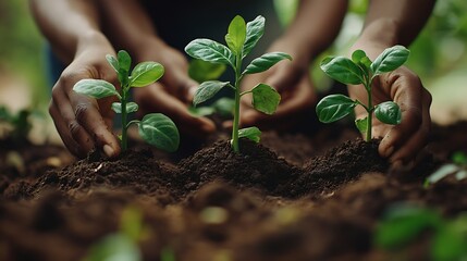 A diverse group of sustainable people holding plants in an eco friendly environment for nature conservation Closeup of hands planting in fertile soil for sustainability and organic far : Generative AI