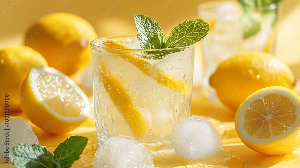 Poster A  cold lemonade in a glass with lemon mint and ice on a yellow and white background The concept of a refreshing and healthy drink on a summer day Copy space : Generative AI