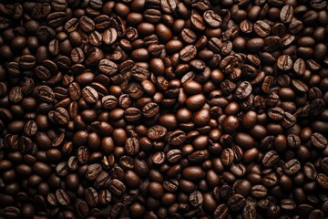 Fototapeta premium Overhead view of backdrop representing halves of dark brown coffee beans with pleasant scent