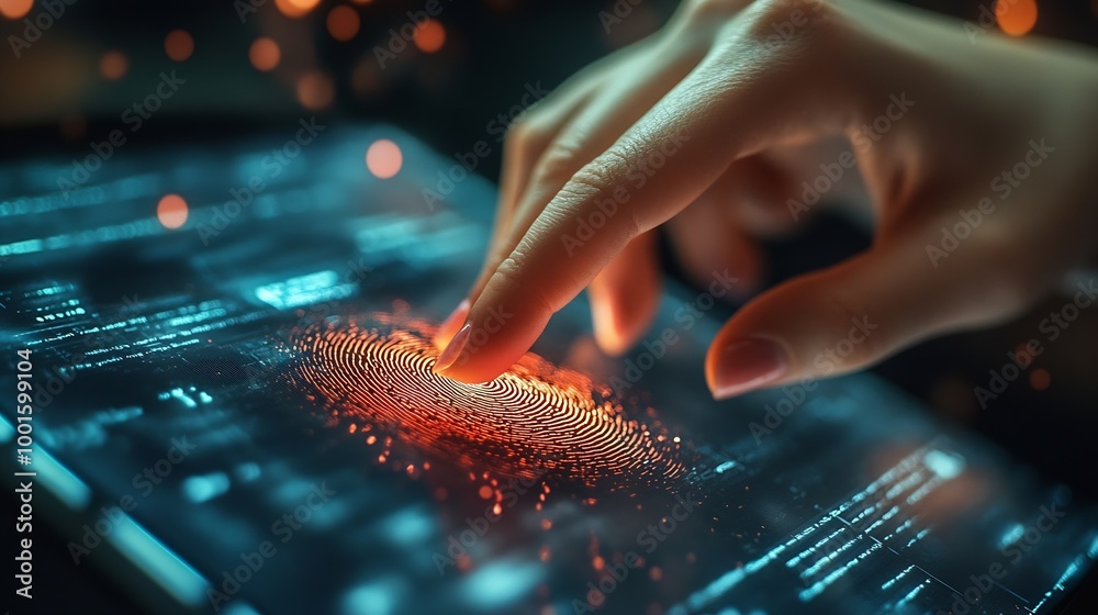 Aufkleber Biometric security network privacy data protection Woman fingerprint identification on mobile phone to access personal financial data mobile banking app cyber security technology data  : Generative AI