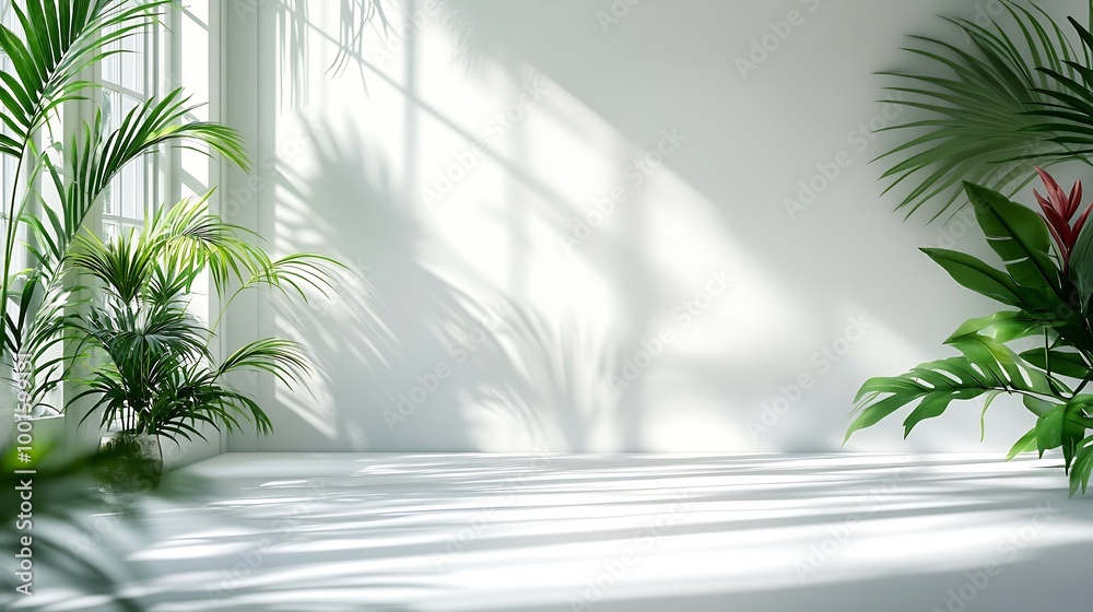 Aufkleber Abstract white studio background for product presentation Empty room with shadows of window and flowers and palm leaves  3d room with copy space Summer concert Blurred backdrop : Generative AI