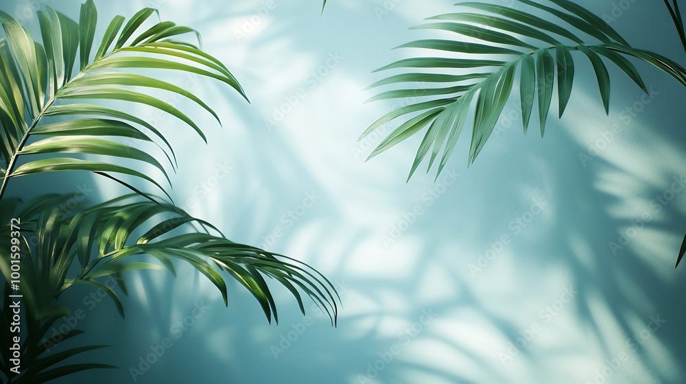 Wall mural blurred shadow from palm leaves on the light blue wall minimal abstract background for product prese