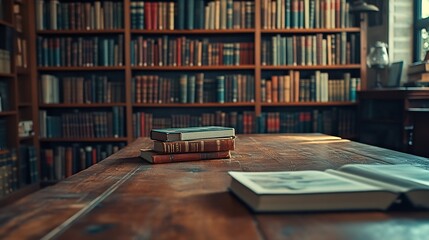 Wooden table and collection of different books on shelves in home library : Generative AI