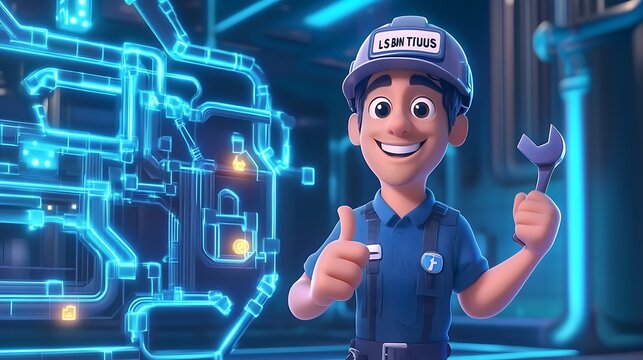 3D Cartoon Mechanic with Wrench and Thumbs Up in Front of Blueprints