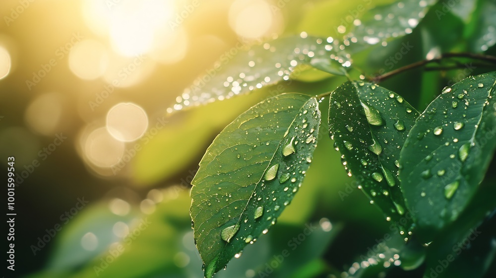 Aufkleber large beautiful drops of transparent rain water on a green leaf macro drops of dew in the morning gl