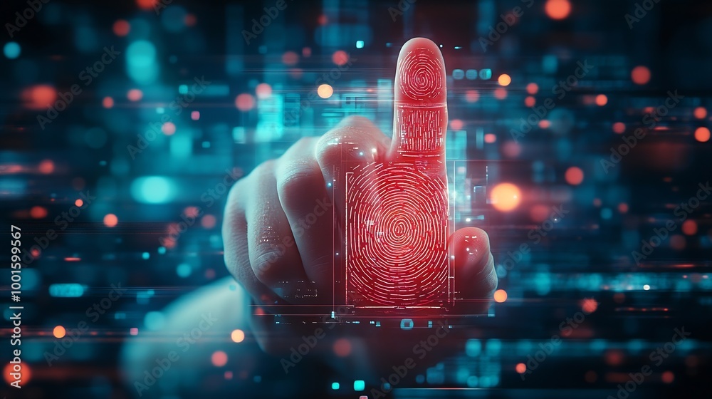 Poster Embrace future of security with thumbs up and virtual fingerprint scan Biometric identity verification and access password for robust technology security system Protect your informatio : Generative AI