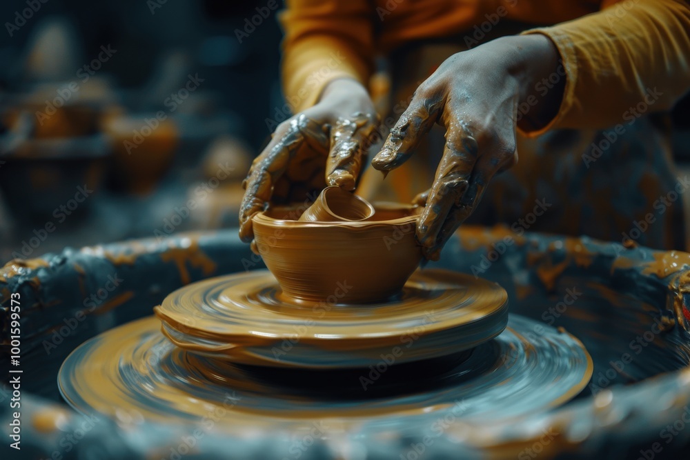 Wall mural an old man is making pottery in a clay bowl, generative ai image