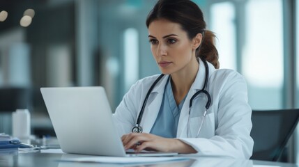 Serious female doctor using laptop and writing notes in medical journal sitting at desk. Young woman professional medic physician wearing white coat and stethoscope working on computer at workplace.