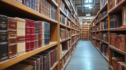 Fototapeta premium law library featuring shelves of legal books and documents in a professional office providing a comprehensive reference for attorneys and legal professionals conducting research