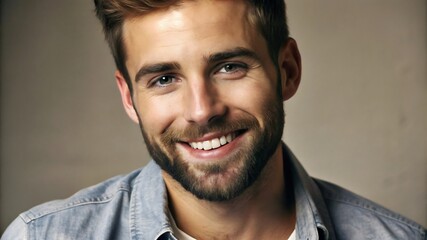 Fototapeta premium A portrait of a young man smiling warmly against a neutral gray background
