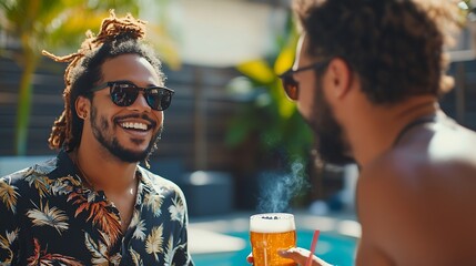 Happy man drinking beer and talking to his friend who is making barbecue at poolside party : Generative AI