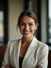 Happy businesswoman smiling at the camera.