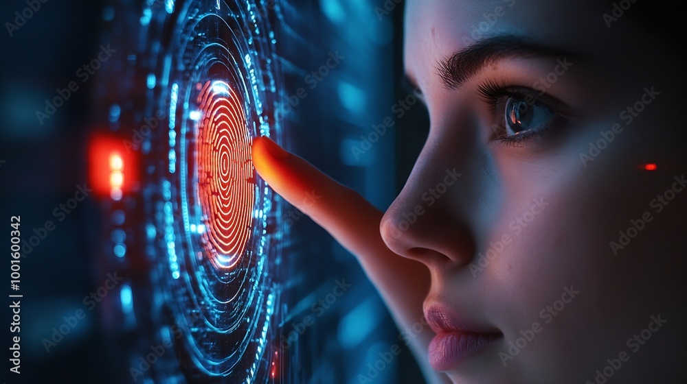 Fototapete Biometric security system identification businesswoman scanning fingerprint to access authentication personal financial data cyber security concept : Generative AI
