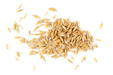 Pile unpeeled oat grains isolated on white, top view