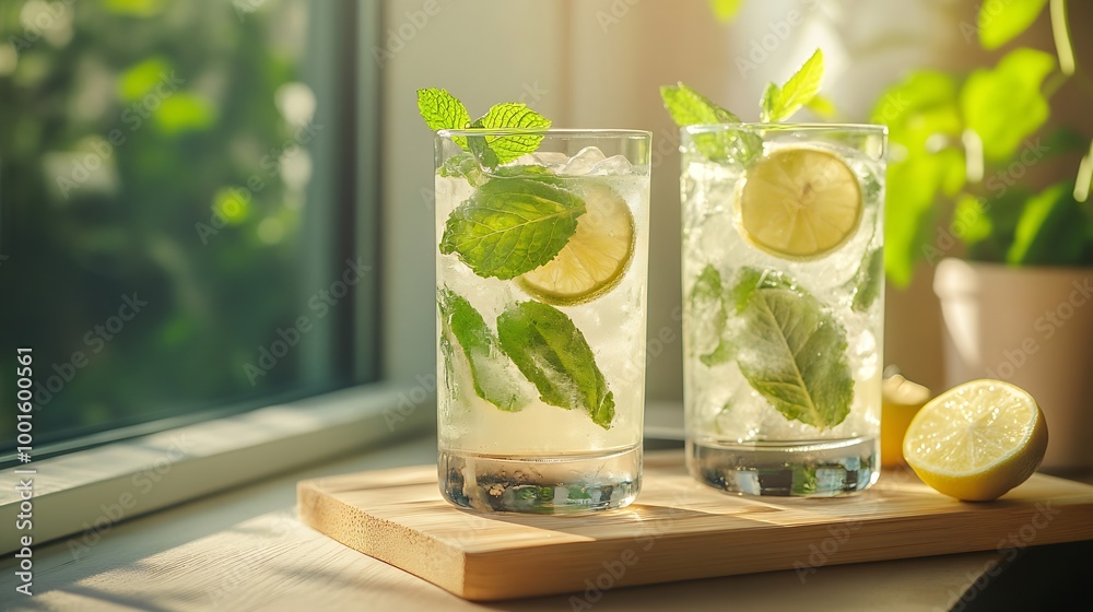 Poster two glasses of mojito cocktail or tonic with lemon lime mint and ice on a wooden board summer concep