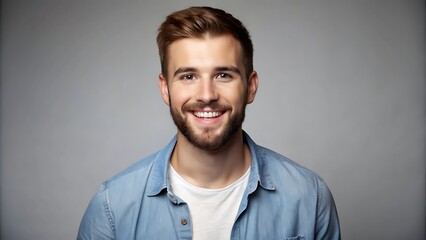 Fototapeta premium A portrait of a young man smiling warmly against a neutral gray background