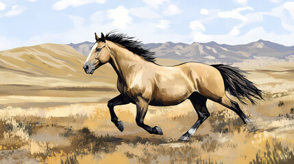 Fototapeta premium A przewalski's horse galloping across the mongolian steppe, its stocky build and sandy-colored coat standing out against the rugged terrain. Mongolian Steppes. Illustration