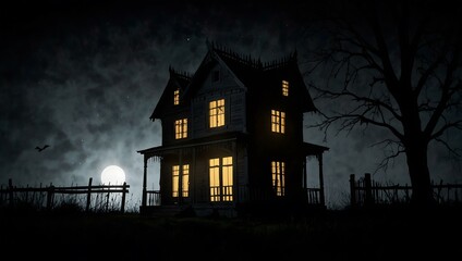 Haunted house silhouette against a black background.